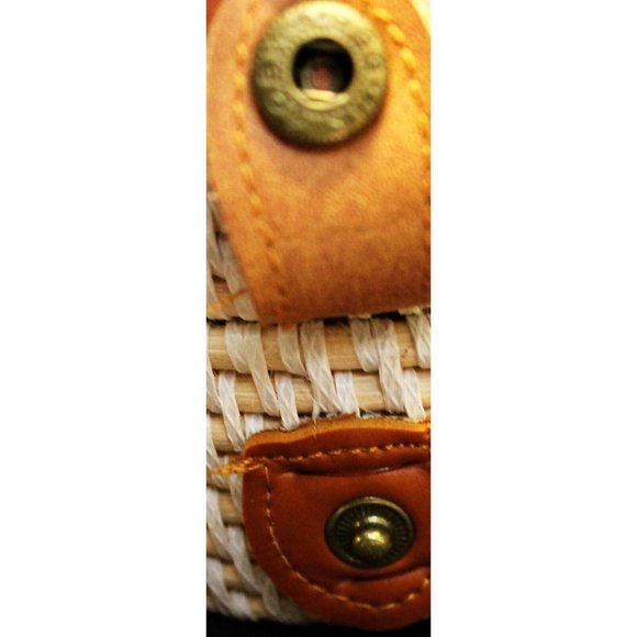 Round Crossbody Sm Woven Rattan White with Orange Accent, Brown Strap - Picture 8 of 10